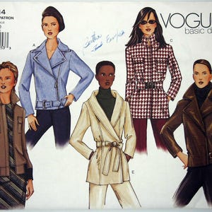 May include: Vogue Basic Design sewing pattern 2614 showing illustrations of five jacket designs. The pattern includes sizes 6-8-10. The jackets are in various colours and designs, including a blue moto jacket and a houndstooth coat.