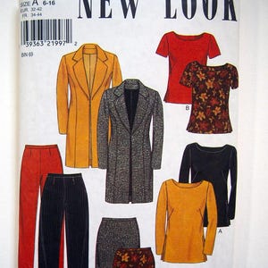 May include: A sewing pattern for a women's jacket, skirt, pants, and tops. The pattern is from New Look and is size A 6-16. The pattern includes a black and white tweed jacket, a mustard yellow jacket, a black skirt, a mustard yellow skirt, a floral print skirt, black pants, red pants, a red top, a floral print top, a mustard yellow top, and a black top.