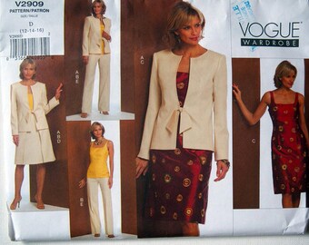 Vogue 2909, paletó com gravata, vestido ou blusa ajustados com decote quadrado, saia rodada ou calça reta - Molde de guarda-roupa Vogue