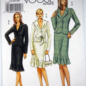 May include: Vogue Patterns V8148 sewing pattern featuring three women's suit designs. The pattern includes a black suit, a white suit with a bow, and a green and blue tweed suit. The pattern size is FW (18-20-22).