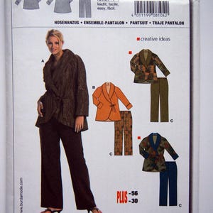 May include: A sewing pattern for a pantsuit with a jacket and pants. The pattern is for sizes 18-30 and 44-56. The pattern is called "Burda 8104" and is labeled as "easy, facile".