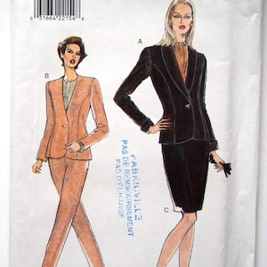 May include: A Very Easy Very Vogue sewing pattern featuring illustrations of two women's suits. One suit is a peach-colored pantsuit, and the other is a black skirt suit. The pattern size is 6-8-10.
