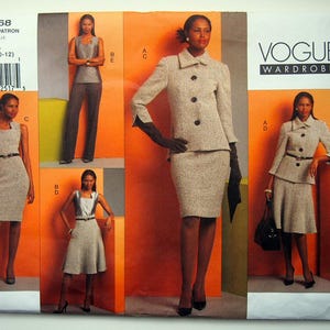 May include: Vogue Wardrobe sewing pattern V1068. The pattern features multiple views of women's suits and dresses. The main image shows a woman in a tweed suit with a skirt. Other views include a dress and a top with trousers.