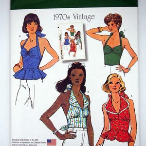 Könnte beinhalten: Simplicity Schnittmuster 1365 H5, mit Vintage-Haltertops aus den 1970er Jahren. Das Muster enthält mehrere Designs mit verschiedenen Farben und Mustern. Größenbereich ist US 6-14.
