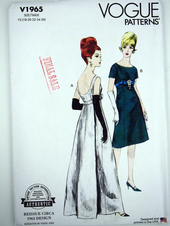 Vogue 1965, 1963 vintage re-issue, empire waist evening dress with low back  and bow detail