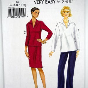 May include: A sewing pattern titled "V8935" by Very Easy Vogue. The pattern features illustrations of a red skirt suit and a white blouse with navy blue trousers. The pattern includes sizes 8-16.