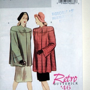 May include: Vintage sewing pattern for a coat, featuring two women wearing coats. The pattern is for sizes 8-10-12-14 and is from Butterick, Retro '46.