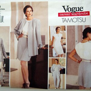 May include: A sewing pattern for a career wardrobe, featuring four different outfit options. The pattern is from Vogue and is designed by Tamotsu. The pattern is for sizes 6-8-10.
