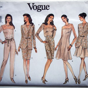 May include: Vogue sewing pattern number 1516 for sizes 14-16-18. The pattern includes four different styles of dresses and a skirt and jacket set. The dresses are all in a light beige colour with a sheer overlay. The skirt and jacket set is in a beige colour with a gold pattern.