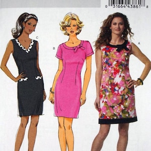 Butterick 5602, sukienka o kroju sukienki z kokardą na dekolcie i kontrastową lamówką, rozmiar petite