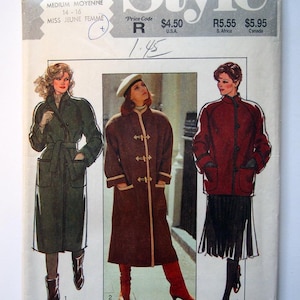 May include: Vintage Style sewing pattern 4201 for medium size women's coats. The pattern features illustrations of three coat designs in shades of green, brown, and red. The pattern includes the text "MEDIUM MOYENNE 14-16" and "MISS JEUNE FEMME".