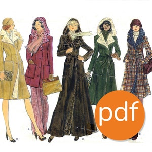 Könnte beinhalten: Fünf Vintage-Schnittmuster für Mäntel mit Pelzkragen. Die Schnittmuster sind für verschiedene Mäntelstile, darunter ein langer, gegürteter Mantel, ein kürzerer, taillierter Mantel und ein karierter Mantel. Die Schnittmuster sind alle in Schwarzweiß und haben einen Vintage-Look.