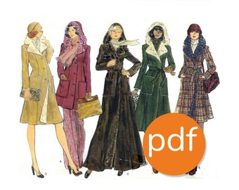 Coat with hood, quilted or faux fur lining, princess seams & patch pockets. Reproduction PDF of a vintage pattern, size 8-16