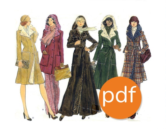 Coat with hood, quilted or faux fur lining, princess seams & patch pockets. Reproduction PDF of a vintage pattern, size 8-16