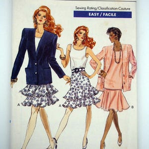 May include: Vogue Patterns sewing pattern 7254. The cover features illustrations of three women in different outfits. The outfits include a navy blazer, a white tank top, and a pink blazer. The pattern is rated easy.