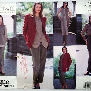 May include: A sewing pattern for a women's outfit. The pattern is for sizes 8-10-12. The pattern is by Calvin Klein and is from Vogue Patterns. The pattern shows a woman wearing a red blazer, a white shirt, and brown pants. The pattern also shows a woman wearing a brown dress and a woman wearing a brown shirt and pants.