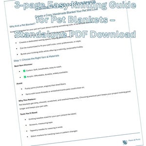 Könnte beinhalten: Ein 3-seitiger PDF-Strickführer für Haustierdecken. Der Leitfaden enthält Garnauswahl, Materialien und Anweisungen. Der Text lautet: "Erstellen Sie eine gemütliche, handgemachte Decke, die Ihr Haustier lieben wird!" und "Eigenständiger PDF-Download."