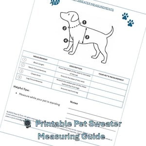 May include: Printable pet sweater measuring guide. The white paper features a diagram of a dog with numbered measurement points. Includes instructions for back length, neck, chest, and leg circumference. Helpful tip: measure while your pet is standing.