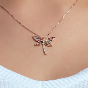 The Dragonfly with Colourful Stones Rose Gold Silver Necklace,925 Sterling Silver, Rainbow,Anniversary Gift,Birthday Gift for Her,Valentines