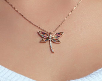 The Dragonfly with Colourful Stones Rose Gold Silver Necklace,925 Sterling Silver, Rainbow,Anniversary Gift,Birthday Gift for Her,Valentines