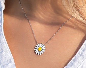 Daisy Silver Flower Necklace for Women, 925 Sterling Silver, Birthday Present, Floral Jewelry, Garden Wedding, Flower Girl Gift, Bridesmaids