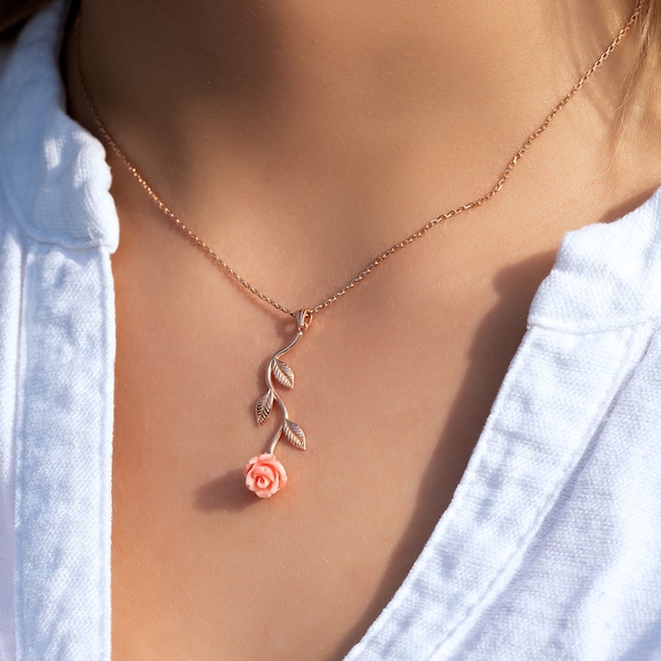 Pink Rose Necklace for Women - 925 Sterling Silver - Birthday Gift for Mother, Christmas Gift, Delicate Jewelry, Initial Leaf