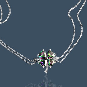 Mystic Topaz Four-Leaf Clover Silver Bracelet for Women - 925 Sterling Silver, Friendship Wish Bracelet, Shamrock Charm Pendant,Valentines
