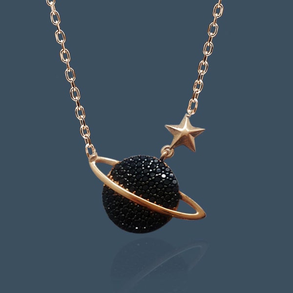 Planet Black Stone Rose Gold Necklace, Saturn, Birthday Gift, Space, Galaxy, Jewelry, Dainty, Sky, Star, Chain, Silver Necklaces