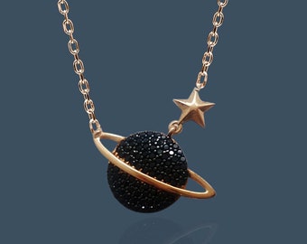 Planet Black Stone Rose Gold Necklace, Saturn, Birthday Gift, Space, Galaxy, Jewelry, Dainty, Sky, Star, Chain, Silver Necklaces