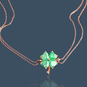 Four Leaf Clover Bracelet, Good Luck Bracelet for Women in Sterling Silver&Rose Gold, Green Flower Bracelet, Shamrock Good Luck Gift for Her