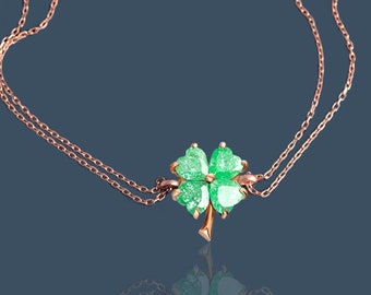 Four Leaf Clover Bracelet, Good Luck Bracelet for Women in Sterling Silver&Rose Gold, Green Flower Bracelet, Shamrock Good Luck Gift for Her