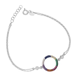 Cirkel gekleurde diamanten zilveren armband voor vrouwen - 925 sterling zilver, ronde regenboog delicate ketting armband, cadeau voor haar