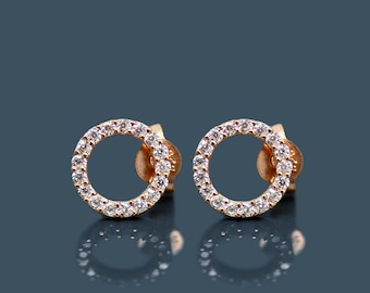 Circle with Diamonds Rose Gold Silver Earring, 925 Sterling Silver , Dainty Gift For Her, Everyday Jewelry Fashion Trends Bridesmaid Jewelry