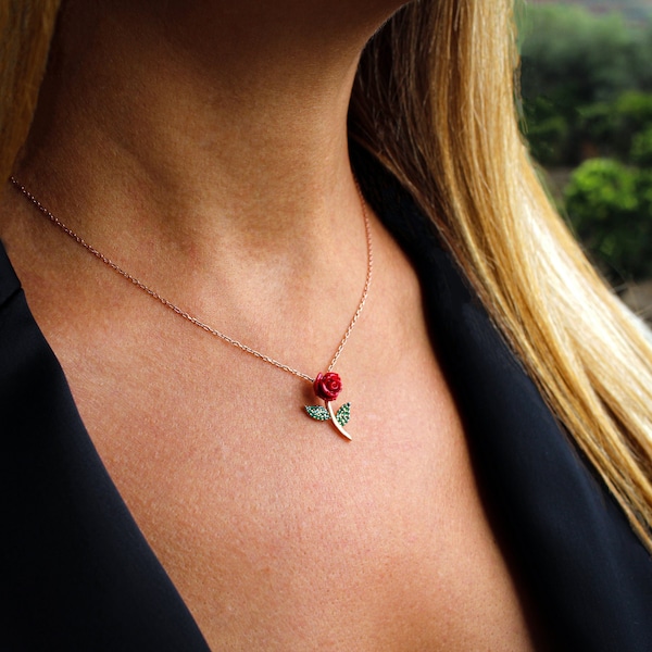 Red Rose Necklace, Romantic Necklace, Bridesmaid Gift,Birthday Gift, 925 Sterling Silver,Christmas Gift for Her, Gift for Her