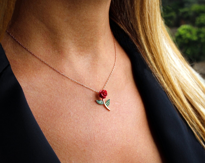 Red Rose Necklace, Romantic Necklace, Bridesmaid Gift,Birthday Gift, 925 Sterling Silver,Christmas Gift for Her, Gift for Her