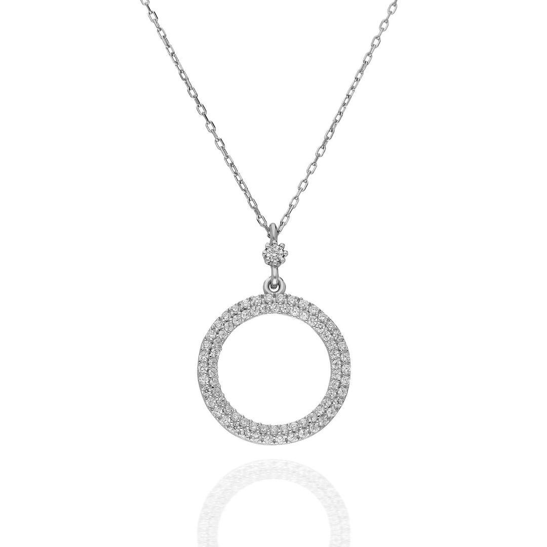 Circle With Diamonds Silver Necklace for Women - 925 Sterling Silver ...