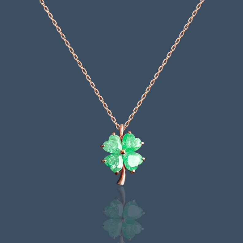 Four Leaf Clover Good Luck Necklace, Flower Necklace, St Patricks Day, Bridesmaid Gifts, Shamrock Necklace, Green Necklace, Christmas Gift image 2