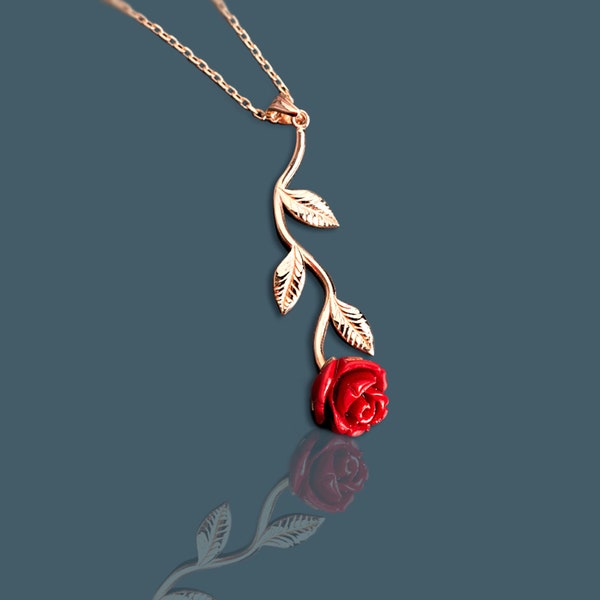 Red Rose Necklace for Women - 925 Sterling Silver, Birthday Gift for Mother, Beautiful Flower Pendant, Love,Best friends, Sister,Christmas