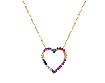 Heart Necklace, Coloured Heart, Gold Colour Necklace for Women, 925 Sterling Silver, Rainbow Colourful Love Charm Necklace, Anniversary Gift