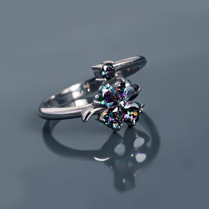 Mystic Topaz Four-Leaf Clover Silver Ring- 925 Sterling Silver, Tiny Initial Ring, Clover Ring, Gift for Best Friend- Sterling Shamrock Ring