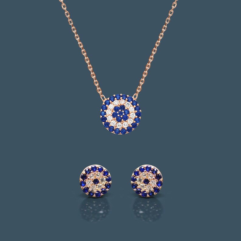Hamsa 925 Sterling Silver,Symbolic Evil Eye Necklace With Matching Earrings Circle Evil Eye Rose Gold Silver Earrings /& Necklace Set