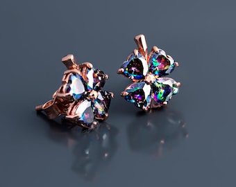 Mystic Topaz Floral Earrings, Rose Gold Colour , Flower Earrings, Four Leaf Clover Stud Earrings, Bridesmaid Gifts, Cute Earrings