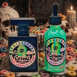 May include: Two bottles of Apothacandy Cereal Killer. One is a dark blue square bottle with a black cap. The other is a green bottle with a black dropper. Both bottles have a label with a skull and the words "Cereal Killer".