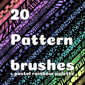 May include: 20 pattern brushes with a pastel rainbow colour palette. The brushes are arranged in a diagonal pattern with a black background.