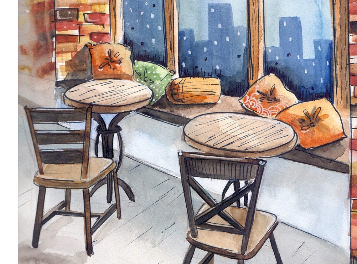 Watercolor Cafe Street View Coffee Shop Painting Etsy