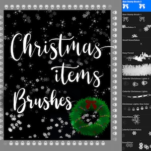 May include: A digital illustration of Christmas items brushes. The image features a wreath with red ribbon and green leaves, snowflakes, and the text "Christmas items brushes".