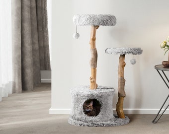 Wooden Cat Tree Condo, Modern Cat Tree Tower, Wooden Cat Tree, Cat Climbing Tree, Furniture For Cat, Cat Lover Gift, Cat Gifts | Mau