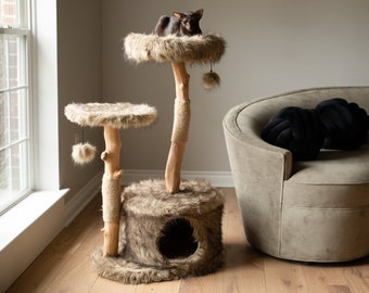 Wooden Cat Tree Condo, Unique Cat Trees, Wood Cat Tower, Cat Climbing Tree, Luxury Furniture, Cat Lover Gift, Cat Furniture, Cat Gifts | Mau