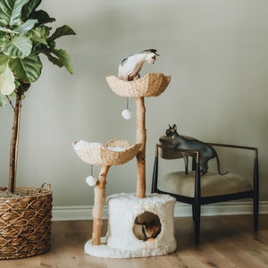 Wood Cat Tree Tower, Cat Climbing Tree, Furniture For Cat, Wooden Cat Condo, Unique Cat Tree, Cat Lover Gift, Cat Furniture, Cat Gift Mau White