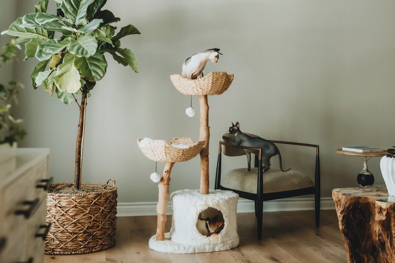 Wood Cat Tree Tower, Cat Climbing Tree, Furniture For Cat, Wooden Cat Condo, Unique Cat Tree, Cat Lover Gift, Cat Furniture, Cat Gift Mau White